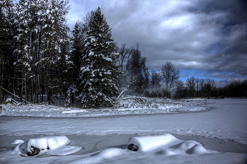 Frozen River in Winter — White, Cold, Photograph, Snow, Trees, Clouds