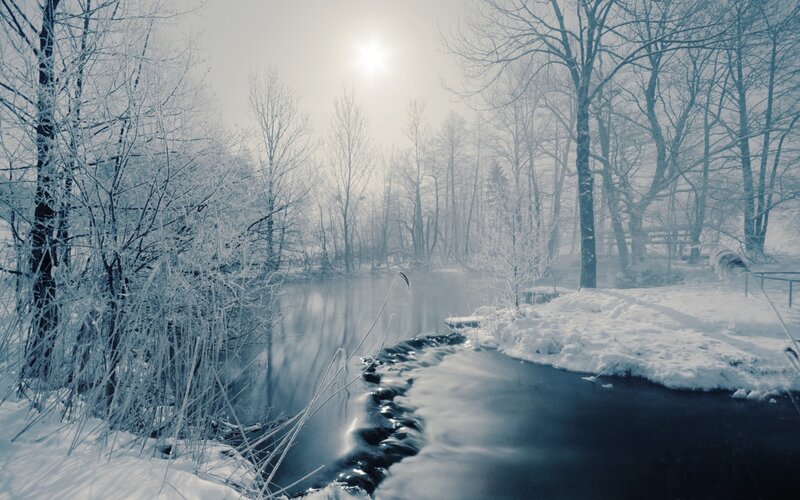 Frozen River in Winter — White, Cold, Photograph, Trees, Snow, Sun