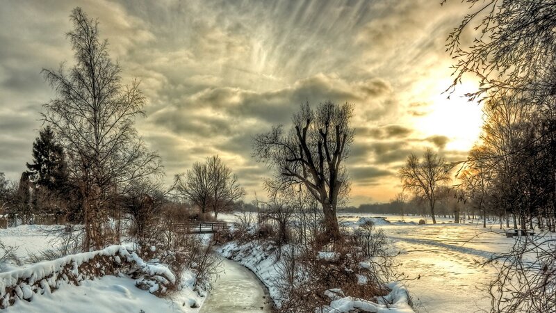 Frozen River in Winter — White, Dramatic, Photograph, Trees