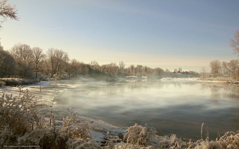 Frozen River in Winter — White, Serene, Photograph, Snow, Trees, Mist