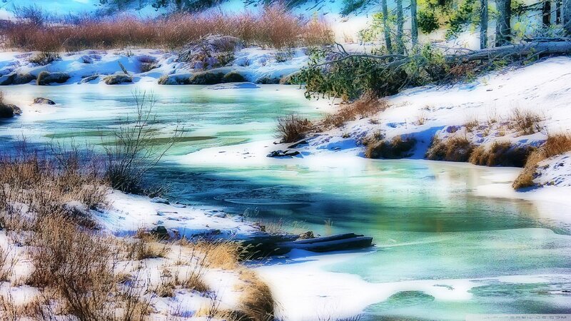Frozen River in Winter — White, Serene, Photograph, Snow, Trees