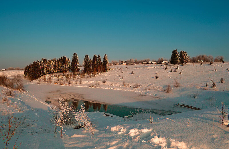 Frozen River in Winter — White, Serene, Photograph, Snow, Trees, Village