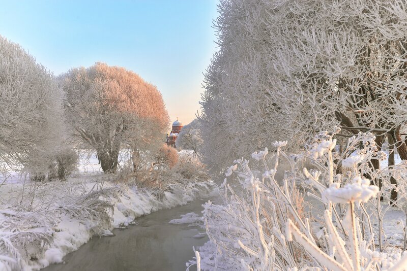 Frozen River in Winter — White, Serene, Photograph, Trees, Church