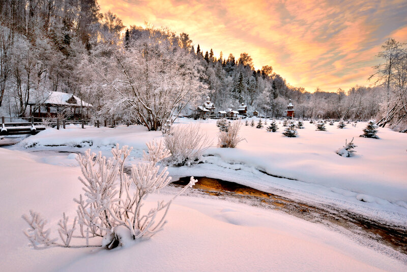 Frozen River in Winter — White, Serene, Sunset, Photograph