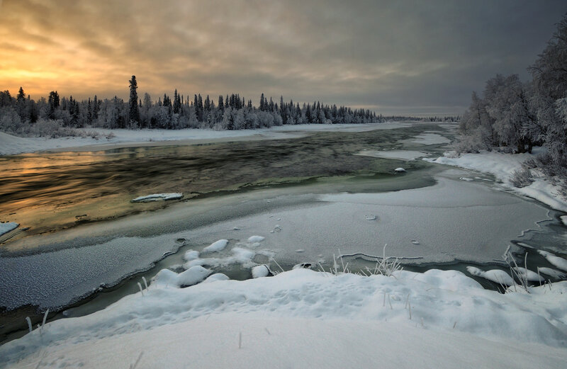Frozen River in Winter — White, Serene, Sunset