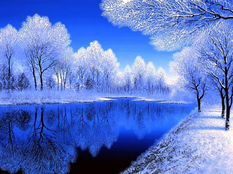 Frozen River Landscape — Blue, Serene, Winter, Digital Art