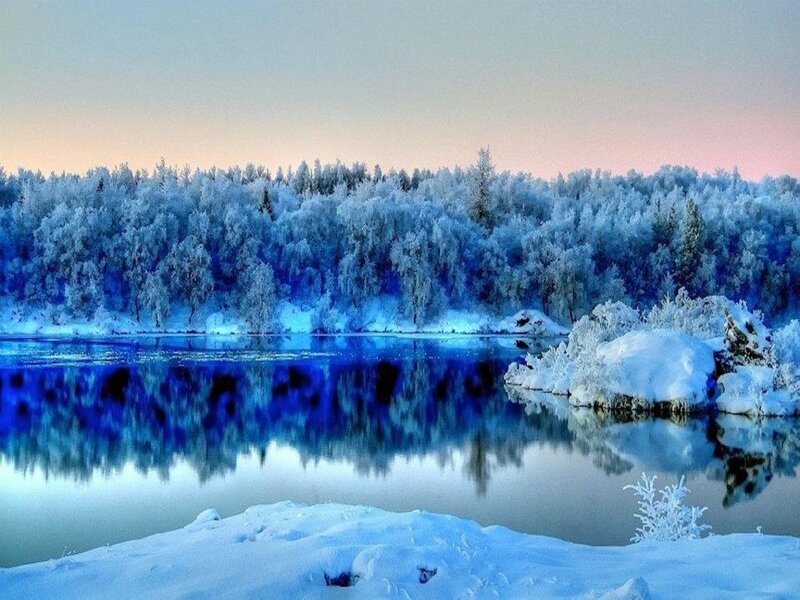 Frozen River Landscape — Blue, Serene, Winter, Photograph, Snow, Trees