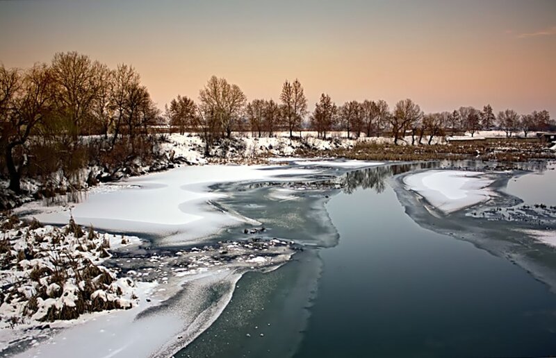 Frozen River Landscape — Blue, Serene, Winter, Photograph