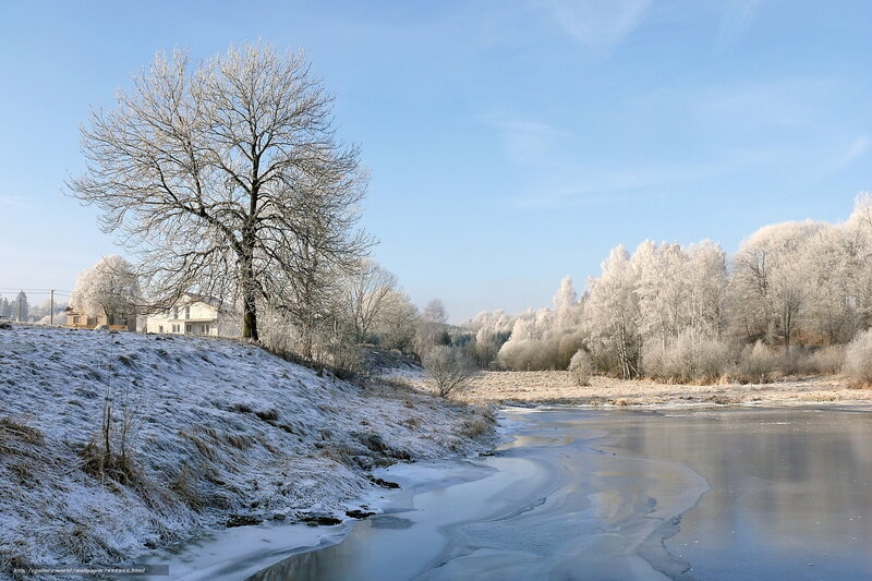 Frozen River Landscape — Blue, Serene, Winter, Photograph, Tree, House