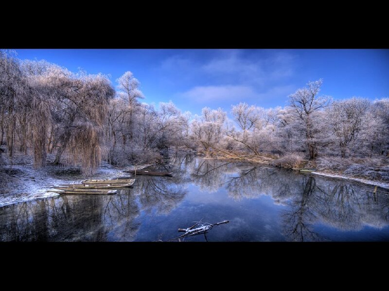 Frozen River Landscape — Blue, Serene, Winter, Photograph, Trees, Boats