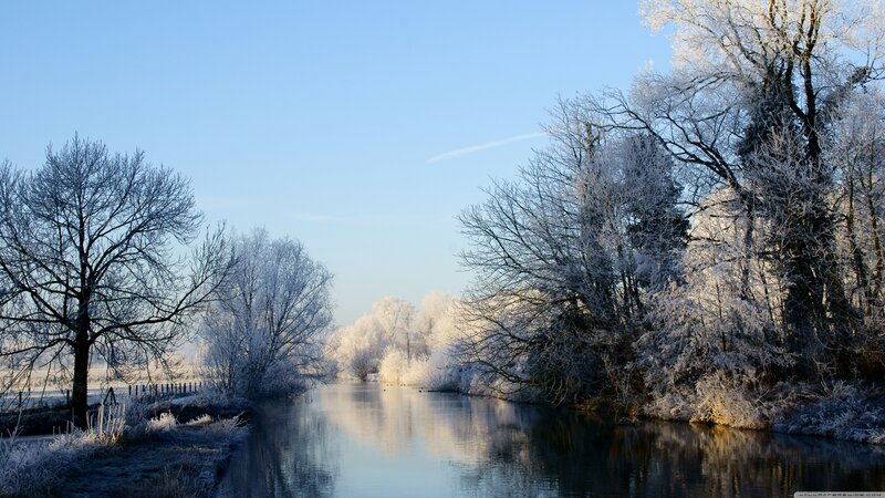Frozen River Landscape — Blue, Serene, Winter, Photograph, Trees, Frost