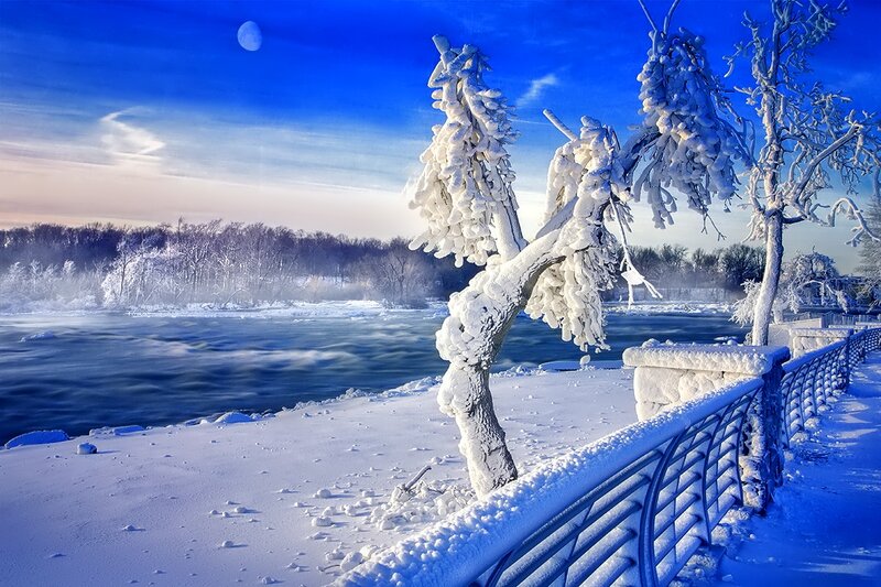 Frozen River Landscape — Blue, Serene, Winter, Photograph, Trees, Moon
