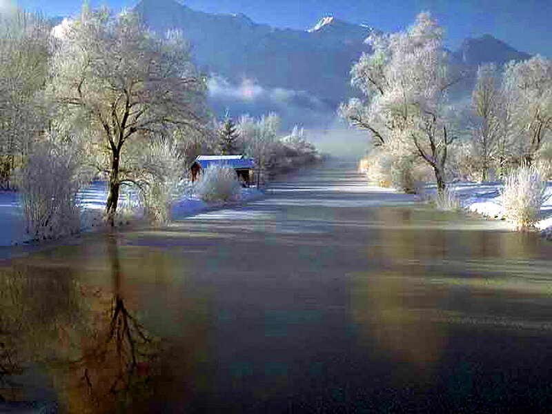 Frozen River Landscape — Blue, Serene, Winter, Photograph, Trees, Mountains