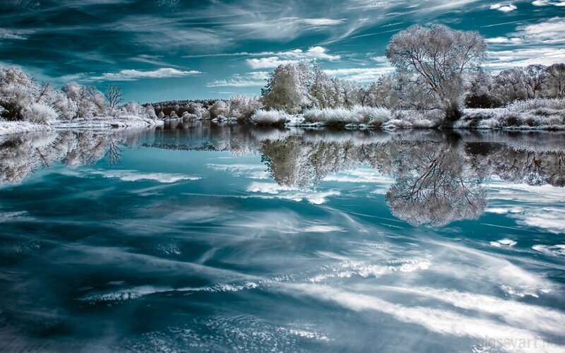 Frozen River Landscape — Blue, Serene, Winter, Photograph, Trees, Sky, Reflection