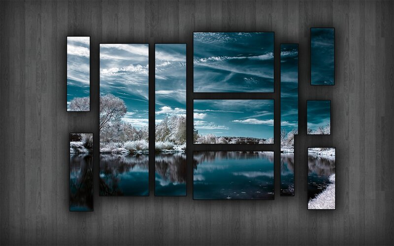 Frozen River Landscape — Blue, Serene, Winter, Photograph, Trees, Sky