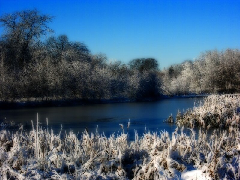 Frozen River Landscape — Blue, Serene, Winter, Photograph, Trees, Snow