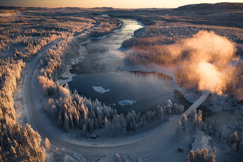 Frozen River Landscape — White, Serene, Winter, Photograph, Forest
