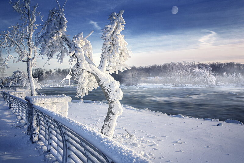 Frozen River Landscape — White, Serene, Winter, Photograph, Trees