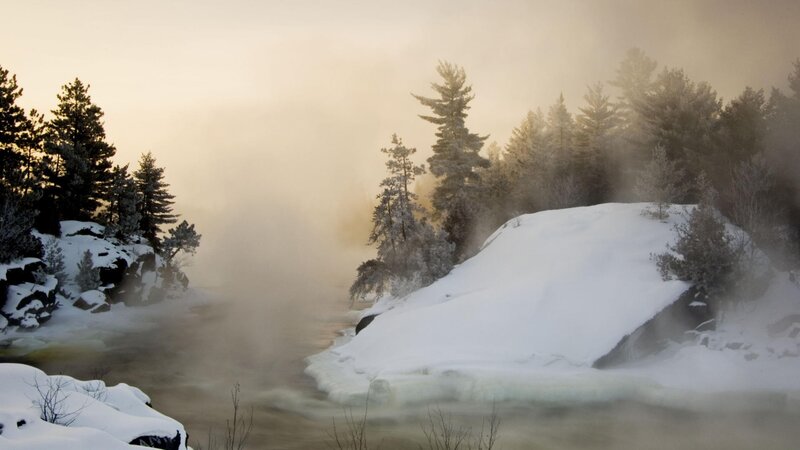 frozen river steam mist