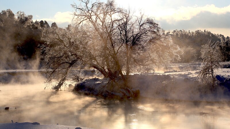Frozen River Steam — White, Serene, Winter, Photograph