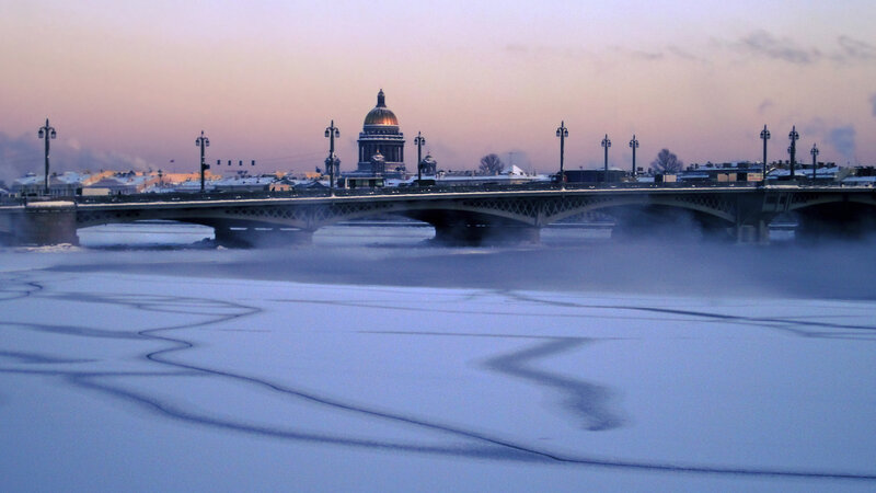 Frozen River with Bridge — Blue
