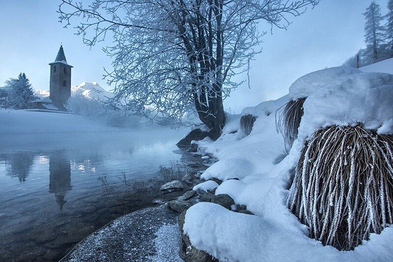 Frozen River with Church — Blue
