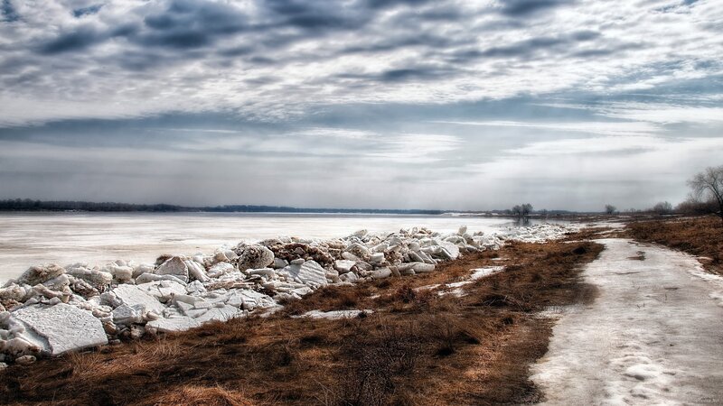 Frozen river with ice chunks