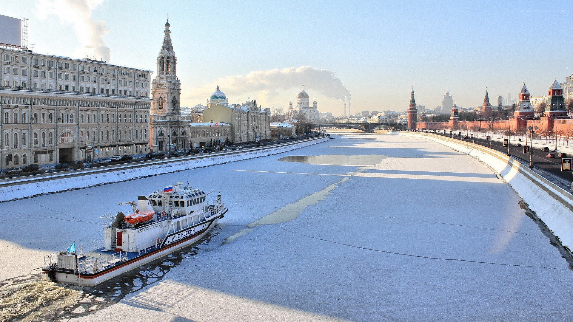 Frozen river with rescue boat