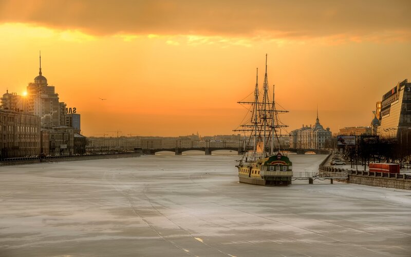 Frozen River with Ship — Orange, Dramatic