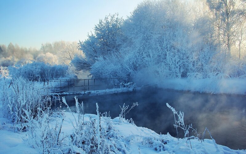 Frozen River with Steam — White, Cold, Winter, Photograph, Trees