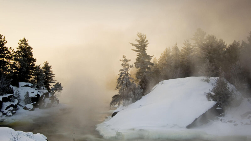 Frozen River with Steam — White, Cold, Winter
