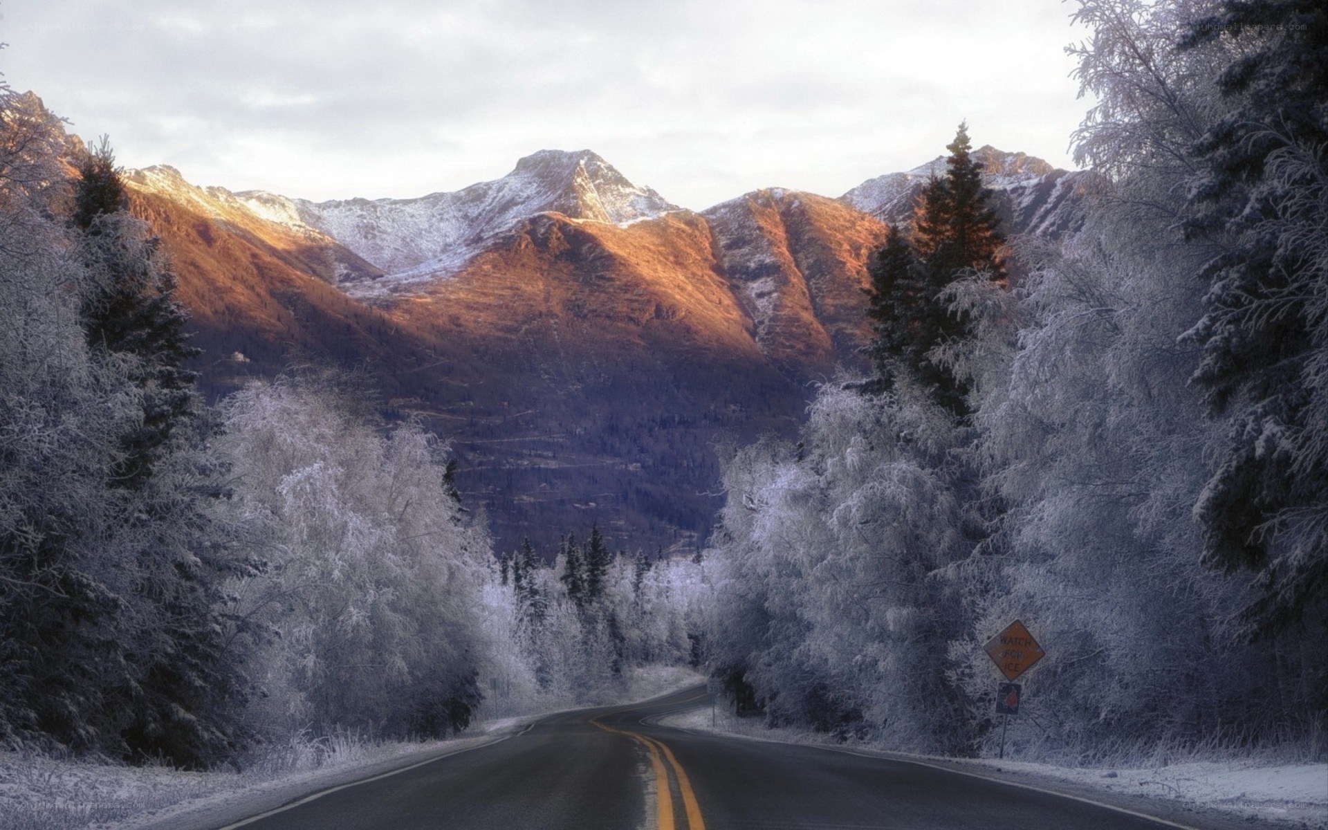 Frozen road in mountain valley