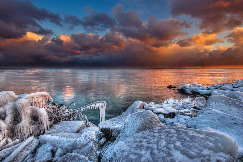 Frozen Rocks at Sunset — Blue, Dramatic, Photograph, Ice, Water