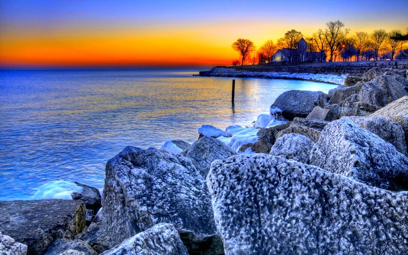Frozen Rocks at Sunset — Blue, Dramatic, Photograph