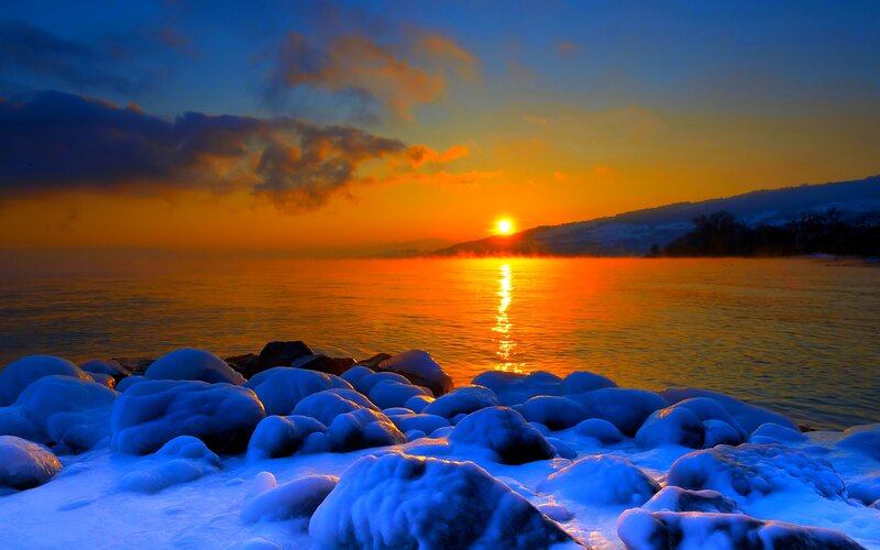 Frozen Rocks at Sunset — Blue, Dramatic