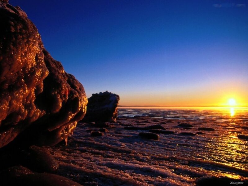 Frozen Rocks at Sunset — Blue, Serene, Photograph