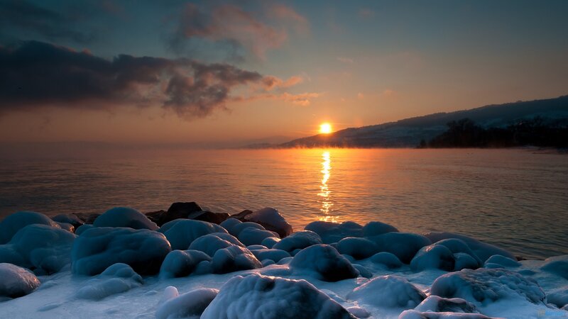 Frozen Rocks at Sunset — Orange, Serene