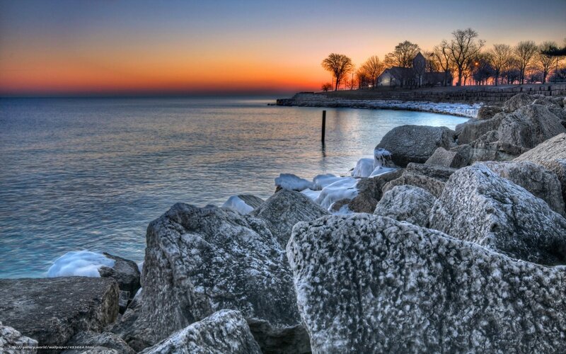 Frozen rocks at sunset