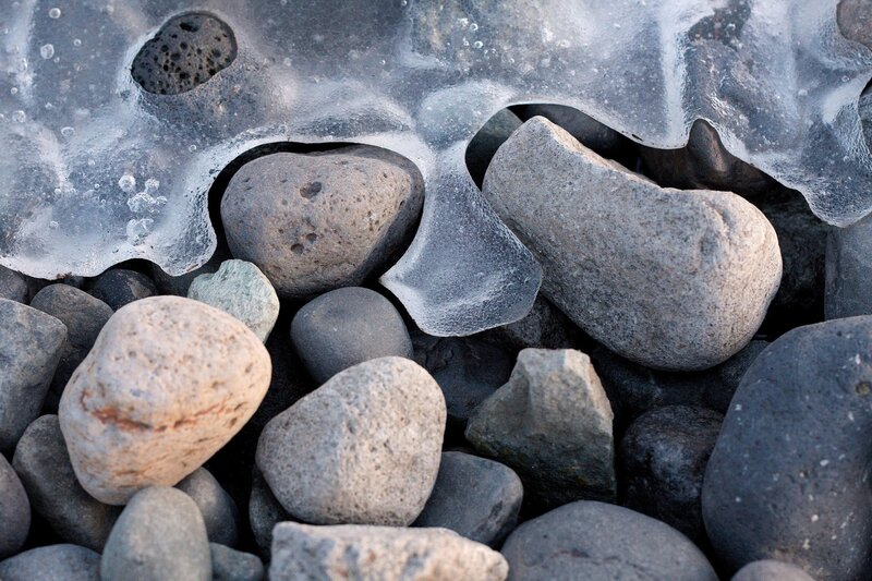 Frozen Rocks on Beach — Gray, Cold, Photograph