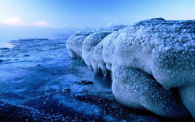 Frozen Rocks on Shore — Blue, Cold, Winter, Photograph