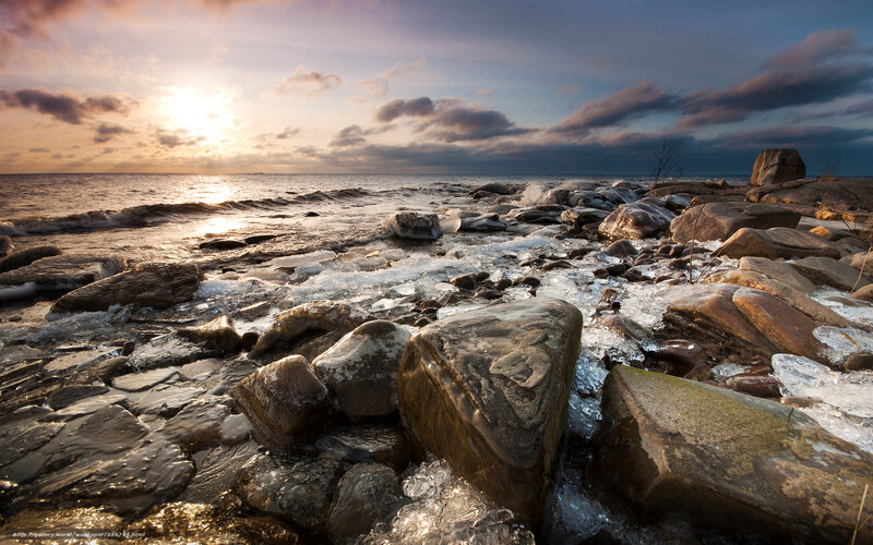 Frozen Rocks on Shore — Blue, Dramatic