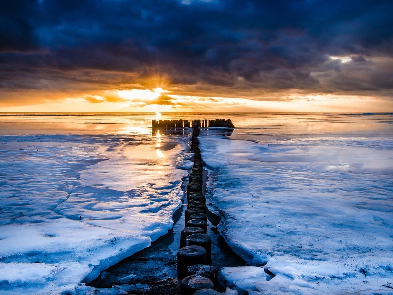 Frozen Sea with Wooden Pier — Blue