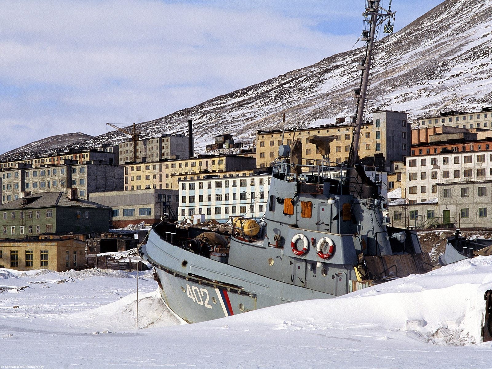 Frozen ship in Arctic town