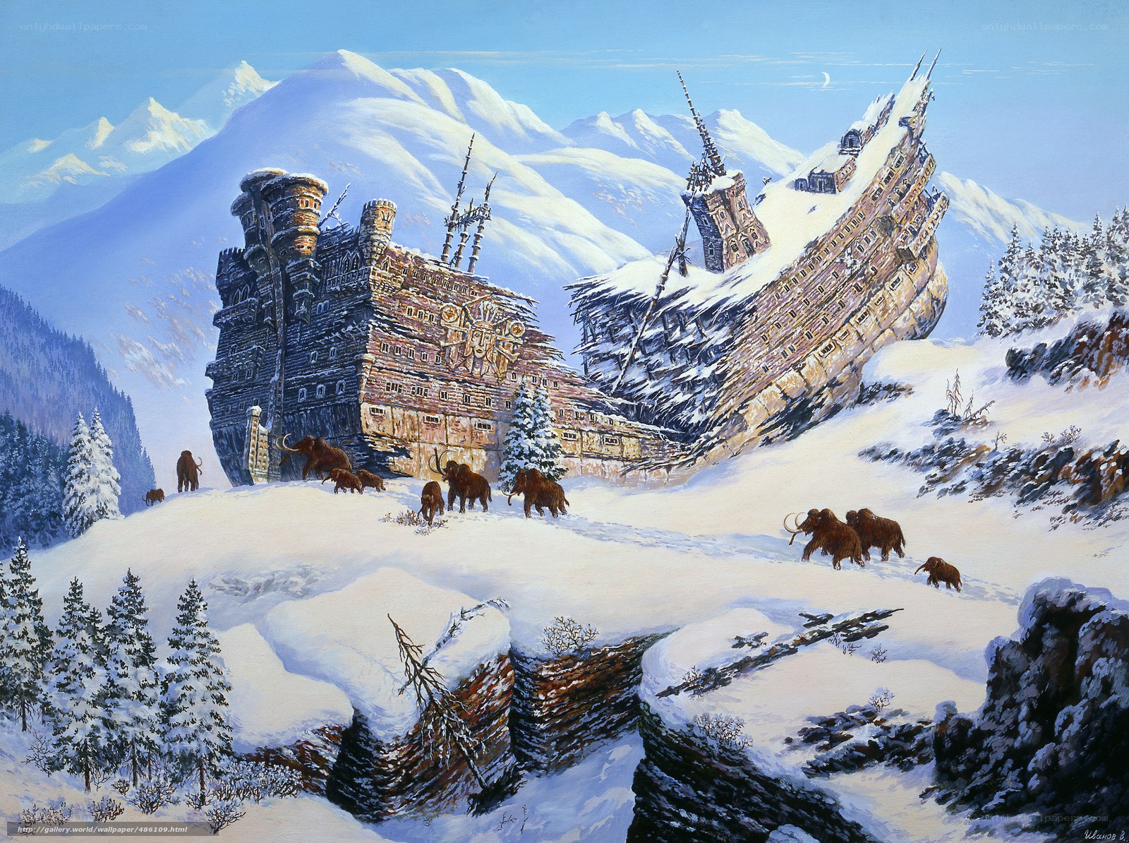 Frozen ship in snowy mountains