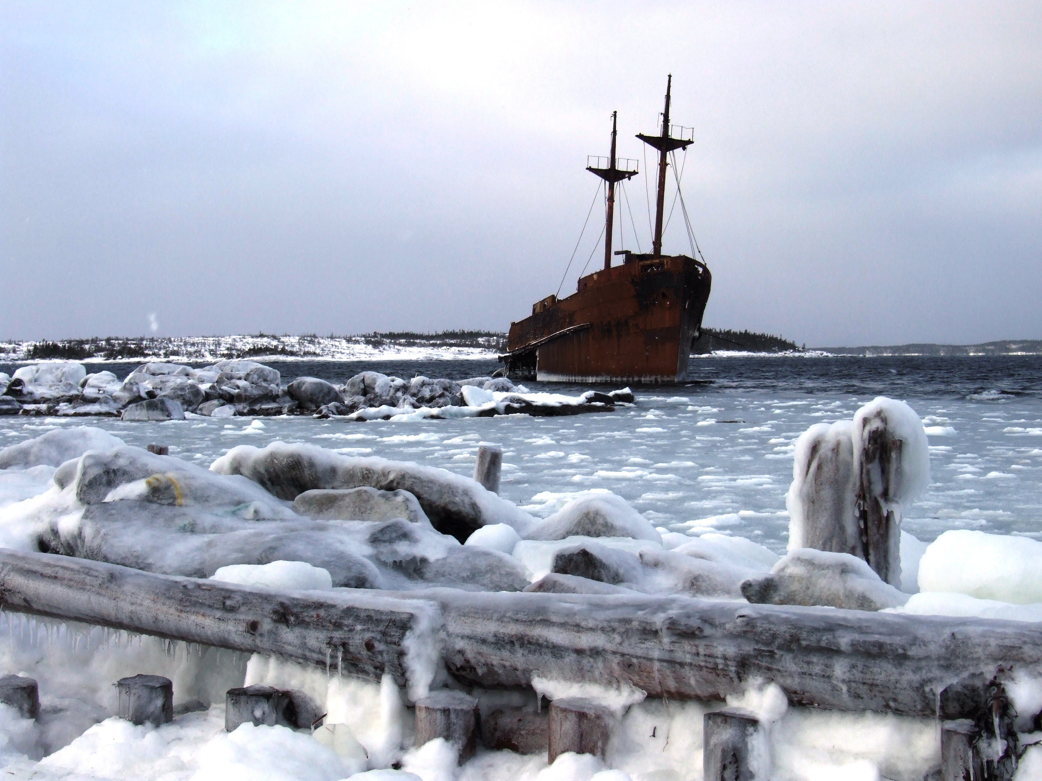Frozen shipwreck in icy waters