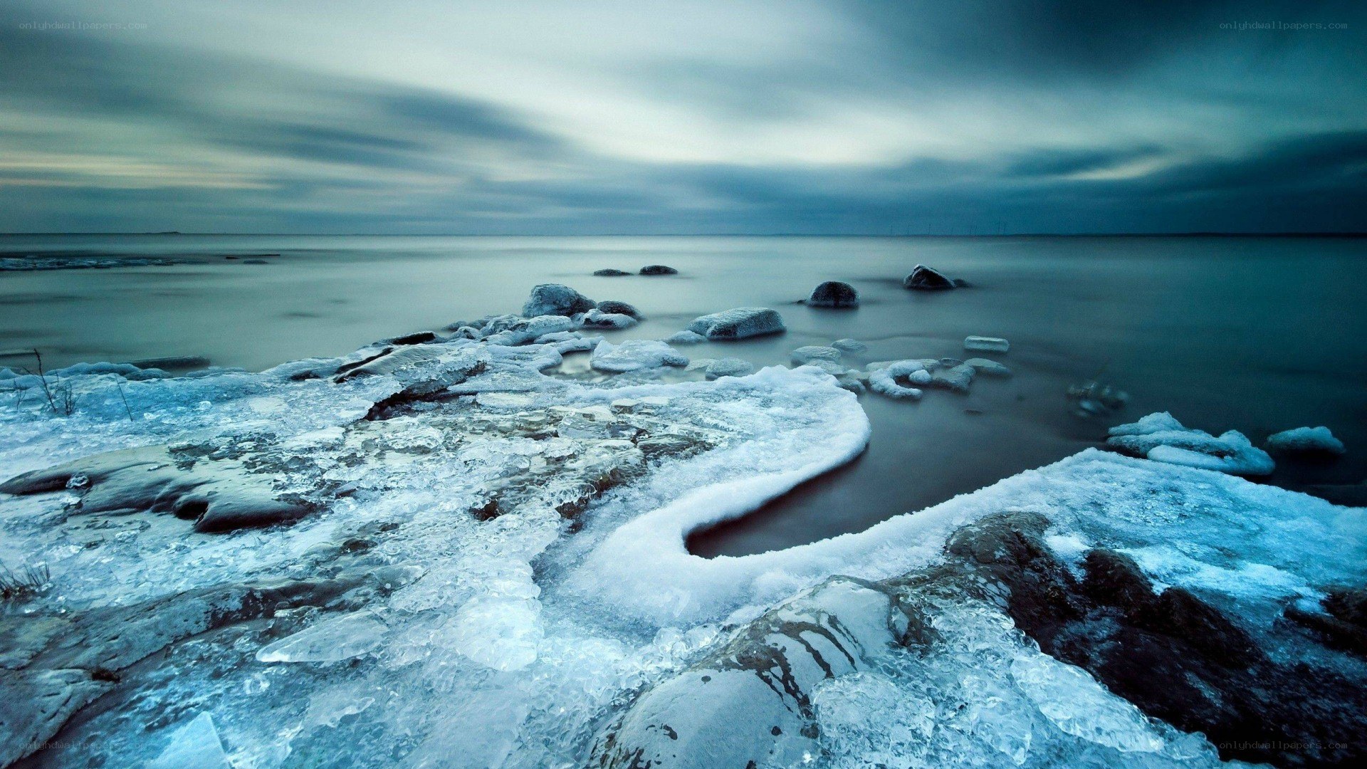 Frozen shoreline at dusk