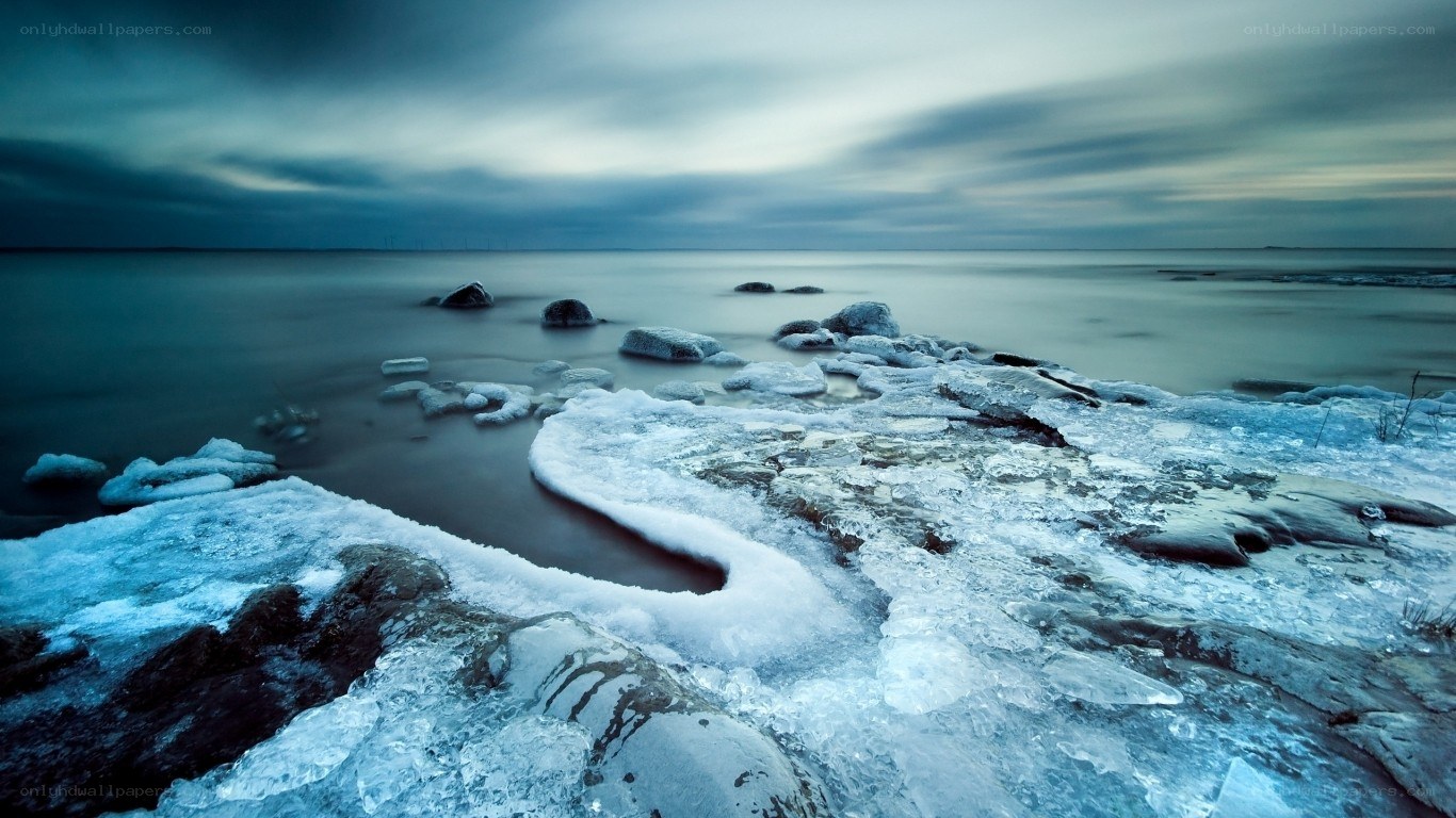 Frozen shoreline at dusk