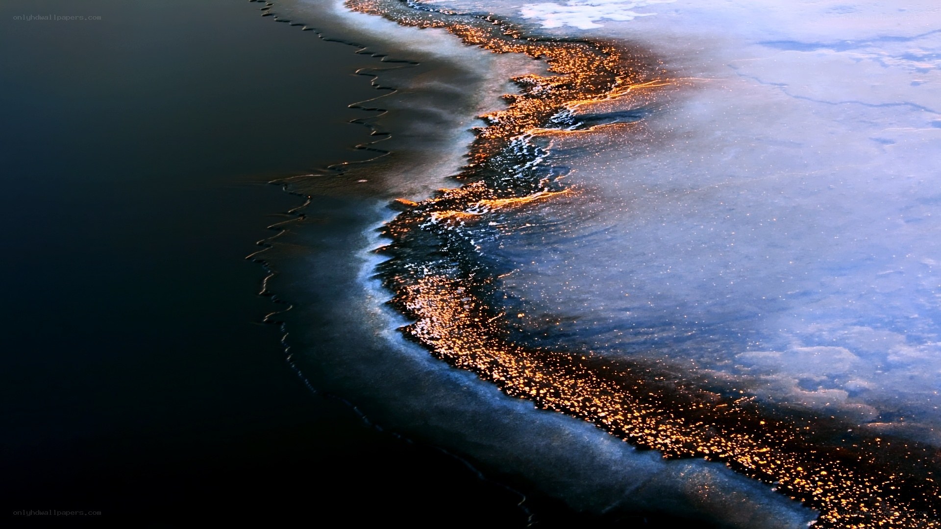 Frozen shoreline at dusk