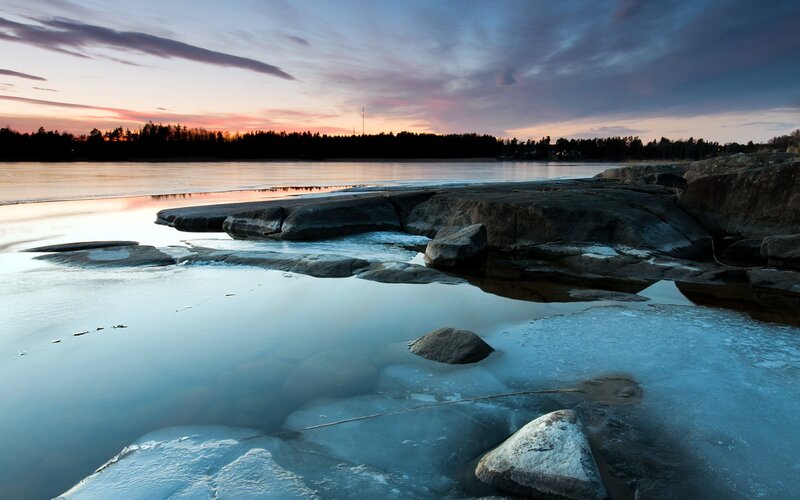 Frozen Shoreline at Dusk — Blue, Serene