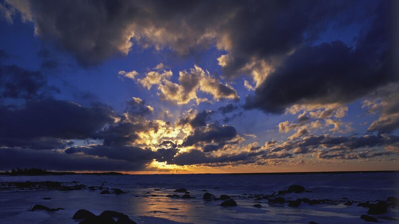 Frozen Shoreline at Sunset — Blue, Dramatic, Photograph, Clouds, Sun